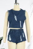 Blue Street Solid Tassel Ripped Patchwork O Neck Sleeveless Two Pieces