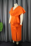 Orange Sexy Solid Patchwork V Neck One Step Skirt Dresses