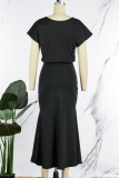 Black Casual Solid Backless O Neck Short Sleeve Dress Dresses