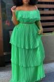 Green Casual Solid Patchwork Off the Shoulder Pleated Dresses (Without Belt)