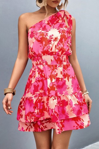 Rose Red Casual Print Bandage Oblique Collar Sleeveless Dress Dresses