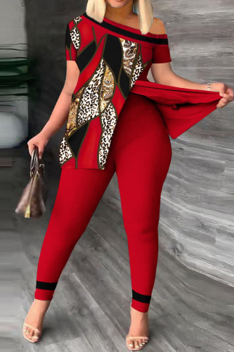 Red Casual Print Patchwork Slit Asymmetrical Oblique Collar Short Sleeve Two Pieces