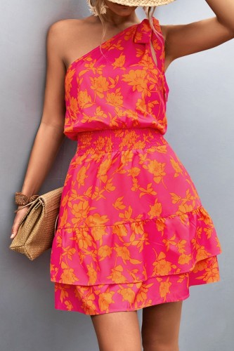 Orange Casual Print Bandage Oblique Collar Sleeveless Dress Dresses