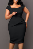 Black Elegant Solid Patchwork Square Collar One Step Skirt Dresses