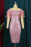 Pink Sexy Patchwork Sequins Backless Off the Shoulder Evening Dress Dresses