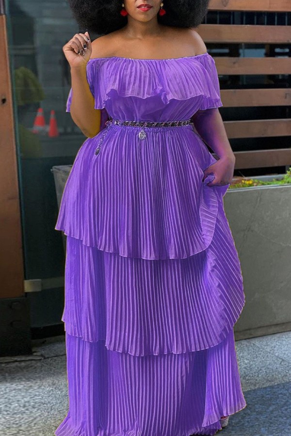 Purple Casual Solid Patchwork Off the Shoulder Pleated Dresses (Without Belt)
