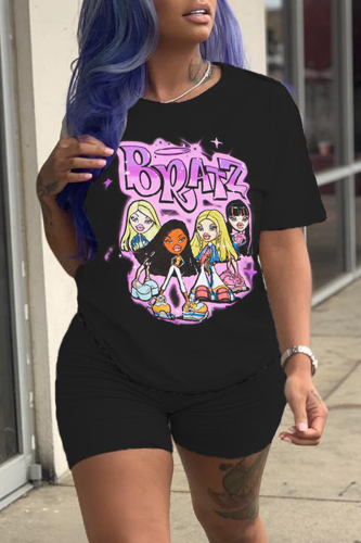Black Purple Casual Print Basic O Neck Short Sleeve Two Pieces