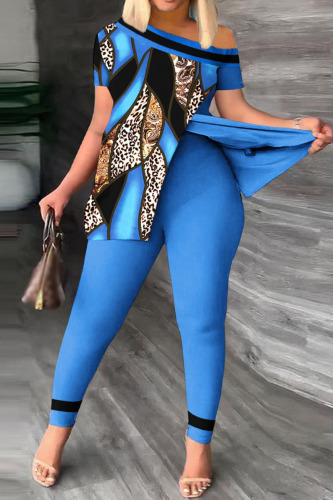 Blue Casual Print Patchwork Slit Asymmetrical Oblique Collar Short Sleeve Two Pieces