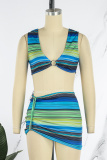 Turquoise Sexy Striped Print Patchwork V Neck Two Pieces
