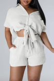White Casual Solid Patchwork Shirt Collar Short Sleeve Two Pieces