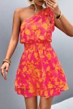 Orange Casual Print Bandage Oblique Collar Sleeveless Dress Dresses