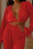 Red Casual Solid Bandage V Neck Long Sleeve Two Pieces