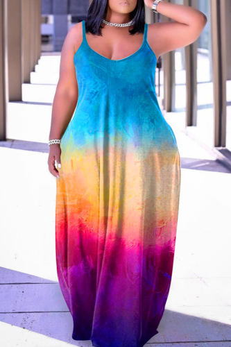 Blue Purple Plus Size Rainbow Multicolor Vacation Suspender Long Maxi Dresses