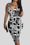 Black Gray Casual Street Print Patchwork U Neck Pencil Skirt Dresses