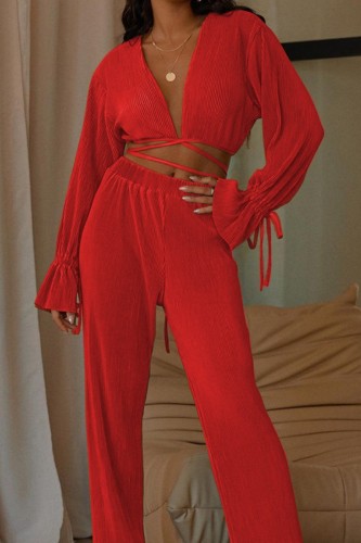 Red Casual Solid Bandage V Neck Long Sleeve Two Pieces