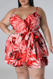 Rose Red Casual Print Patchwork Spaghetti Strap Plus Size Two Pieces