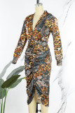 Leopard Print Sexy Print Patchwork V Neck Irregular Dress Dresses