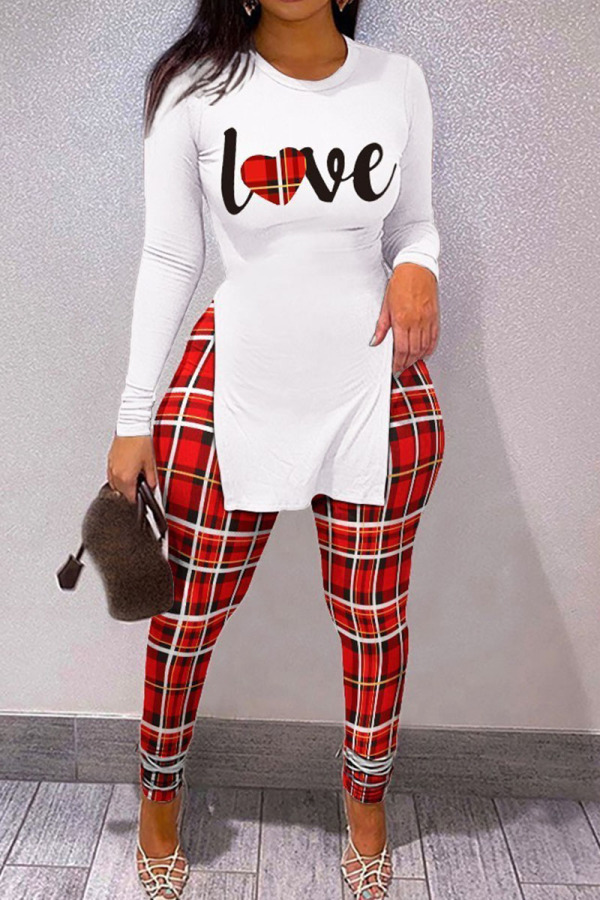 Red Casual Print Patchwork Slit O Neck Long Sleeve Two Pieces