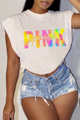 White Casual Street Print Letter O Neck T-Shirts