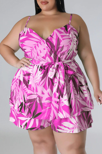 Rose Red Casual Print Patchwork Spaghetti Strap Plus Size Two Pieces