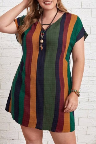 Green Casual Striped Print Basic V Neck Short Sleeve Dress Plus Size Dresses