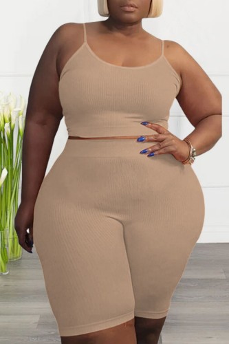 Light Coffee Sexy Casual Solid Backless Spaghetti Strap Plus Size Two Pieces