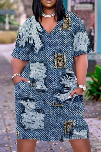 Blue Casual Print Patchwork V Neck Short Sleeve Dress