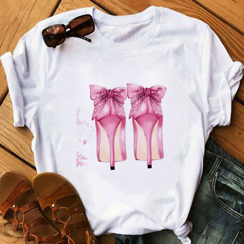 Pink Casual Print Basic O Neck T-Shirts