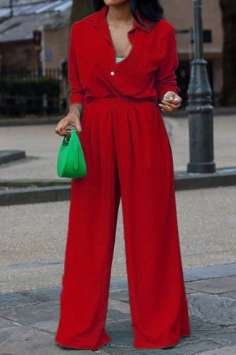 Red Casual Solid Patchwork Shirt Collar Long Sleeve Two Pieces