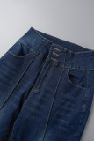 Deep Blue Casual Solid Patchwork High Waist Denim Jeans
