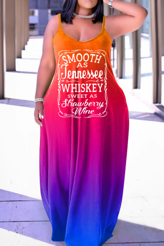 Tangerine Red Sexy Casual Print Backless Spaghetti Strap Long Dress Dresses