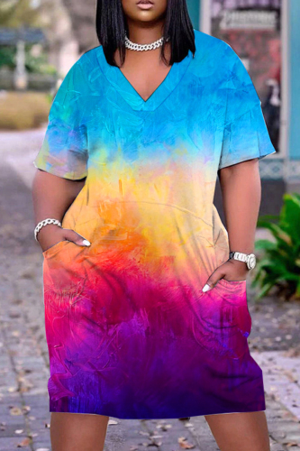 Sky Blue Casual Print Patchwork V Neck Short Sleeve Dress