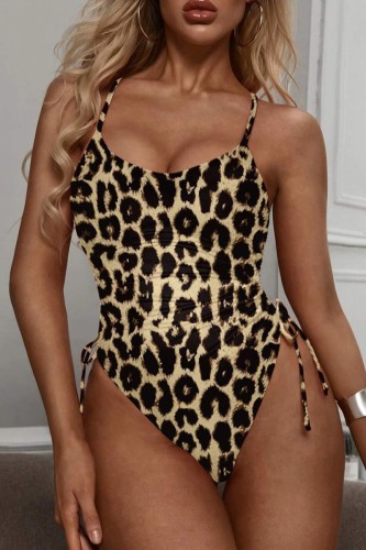 Leopard Print Sexy Solid Leopard Draw String Frenulum Backless Swimwears (With Paddings)
