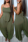 Army Green Sexy Casual Solid Bandage Backless Spaghetti Strap Sleeveless Two Pieces