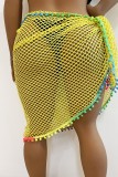 Yellow Sexy Patchwork Hollowed Out See-through Swimwears Cover Up