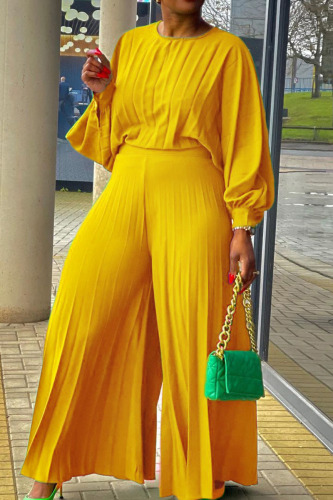 Yellow Casual Solid Patchwork O Neck Long Sleeve Two Pieces