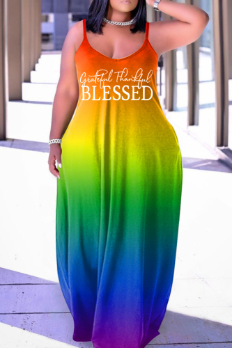 Orange Yellow Sexy Casual Print Backless Spaghetti Strap Long Dress Dresses