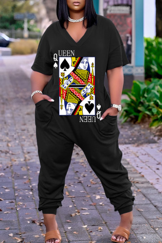 Black Street Print Patchwork V Neck Harlan Jumpsuits