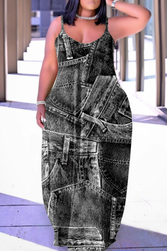 Black Sexy Print Backless Spaghetti Strap Long Dress Dresses