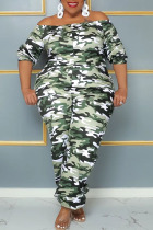 Army Green Casual Street Print Camouflage Print Patchwork Off the Shoulder Plus Size Jumpsuits