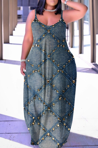 Gray Blue Plus Size Rainbow Multicolor Vacation Suspender Long Maxi Dresses