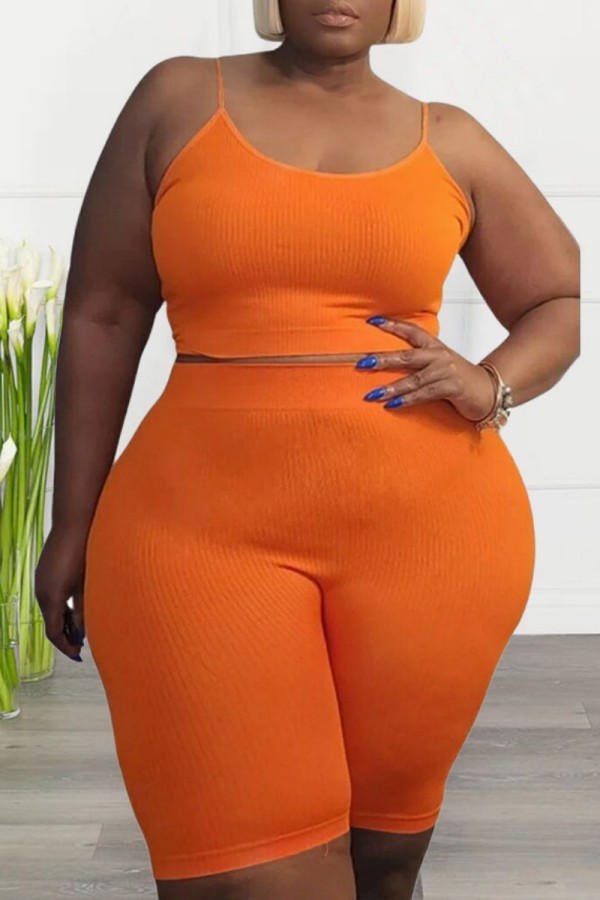 Orange Sexy Casual Solid Backless Spaghetti Strap Plus Size Two Pieces
