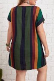 Khaki Casual Striped Print Basic V Neck Short Sleeve Dress Plus Size Dresses