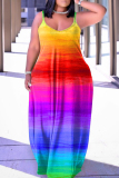 Navy Blue Plus Size Rainbow Multicolor Vacation Suspender Long Maxi Dresses
