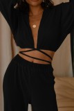 Black Casual Solid Bandage V Neck Long Sleeve Two Pieces