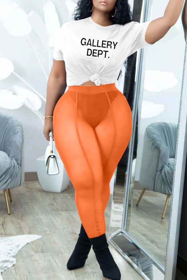 Orange White Sexy Casual Letter Print See-through O Neck Short Sleeve Two Pieces