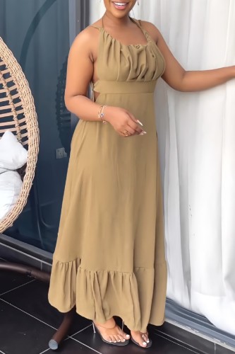 Khaki Sexy Casual Solid Bandage Backless O Neck Long Dress Dresses