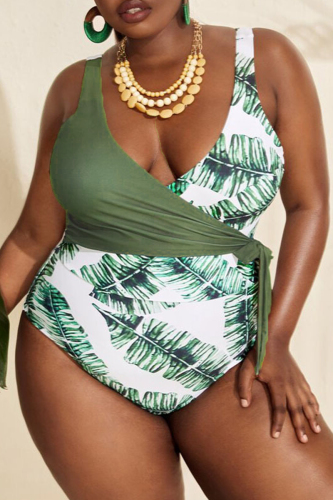 Green Sexy Print Patchwork Frenulum V Neck Plus Size Swimwear (With Paddings)