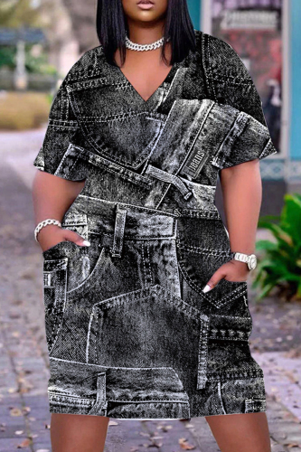 Black Casual Print Patchwork V Neck Short Sleeve Dress