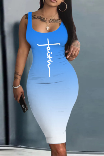 Sky Blue Casual Print Basic U Neck Vest Dress Dresses